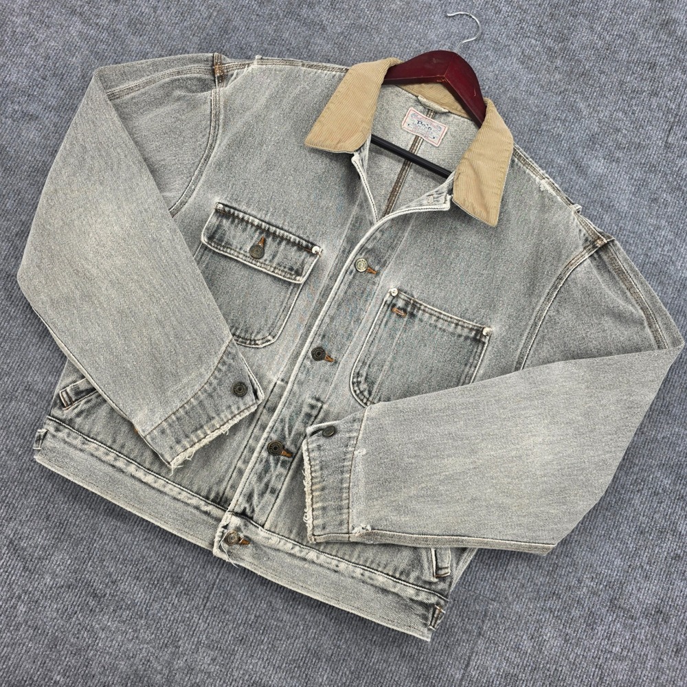 Polo Ralph Lauren Authentic Dungarees Denim Chore Jacket Gray Corduroy USA Large
